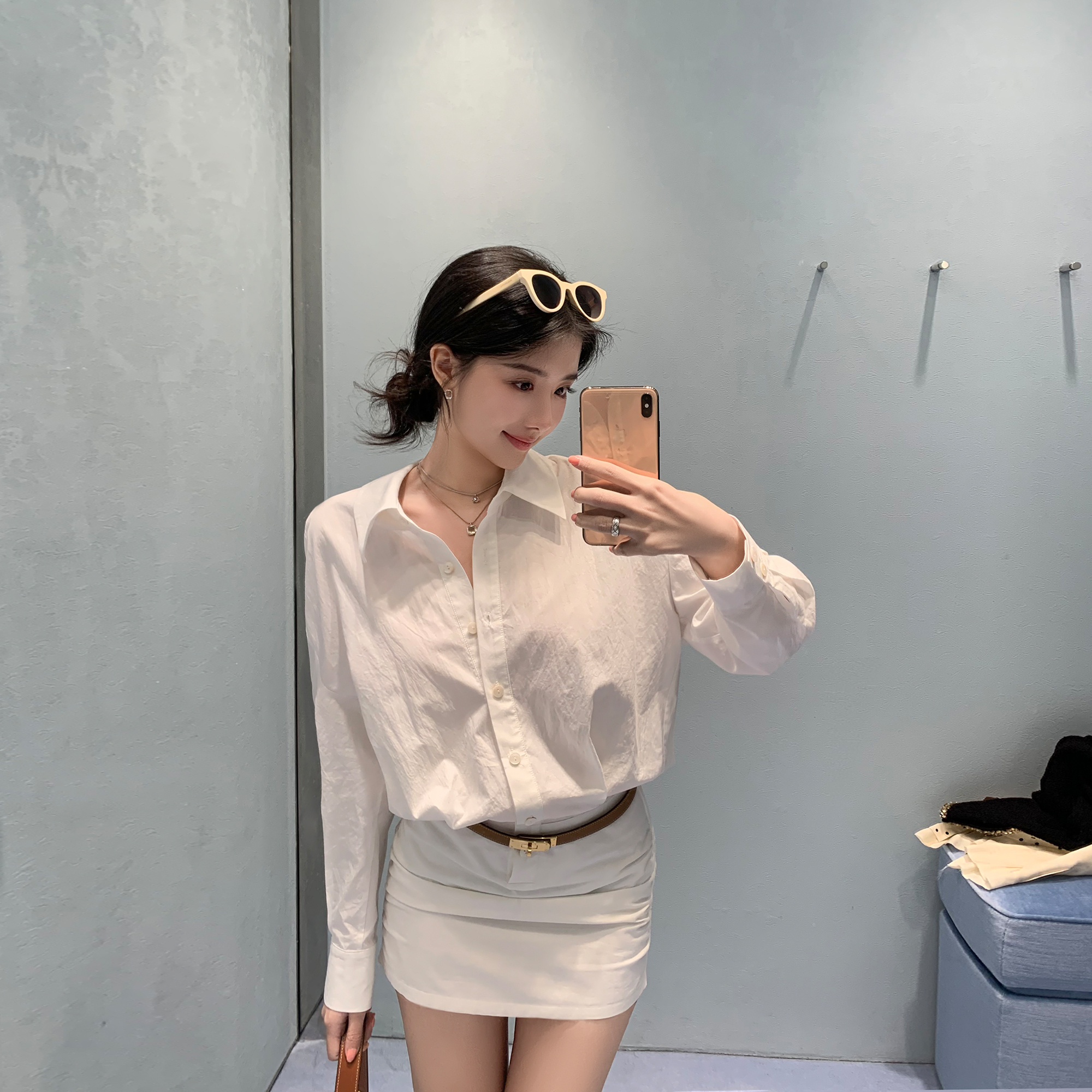 天丝棉休闲松弛感白色衬衫裙女