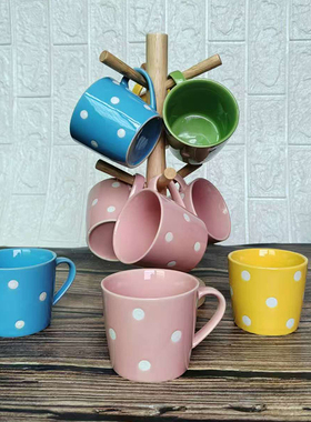 彩釉白色点点陶瓷马克杯 下午茶杯子配竹木架 办公室招待水杯套装