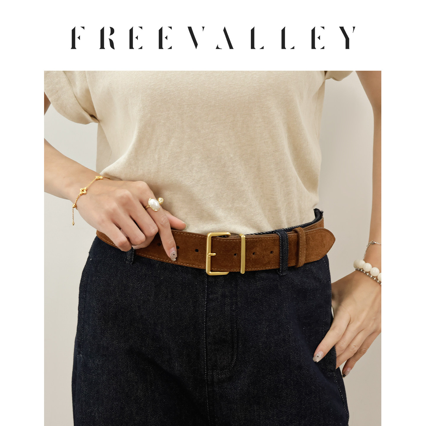 FREEVALLEY复古牛仔手工铜扣腰带
