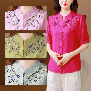 宽松上衣短袖 夏季 女中老年妈妈装 民族风V领绣花棉麻衬衫 衬衣 新款
