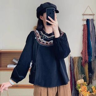 中老年文艺复古绣花宽松系带上衣新款妈妈休闲民族风衬衫女款春秋