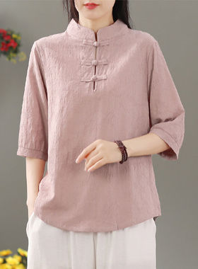 棉料宽松妈妈t恤复古大码盘扣中袖衬衫女式立领茶服宽松套头衫