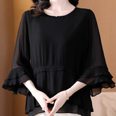小众妈妈洋气减龄衬衫 宽松遮肚设计感黑色娃娃衫 女上衣 新款 夏季