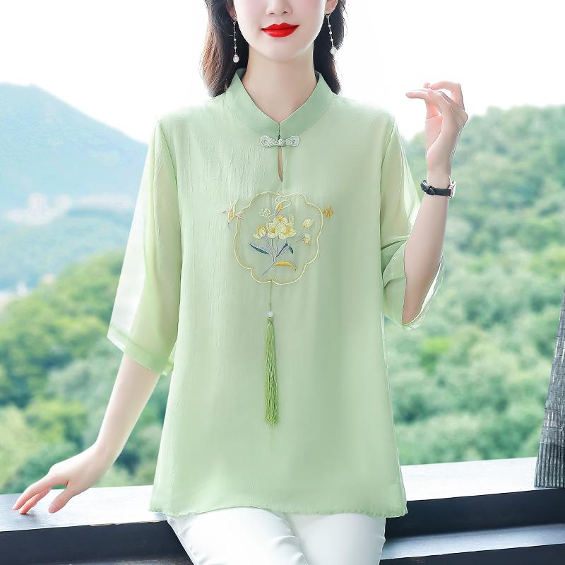 新中式夏季国风衬衫女士七分袖妈妈衬衣盘扣小衫春秋薄款雪纺上衣