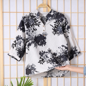 五分袖 棉麻衬衫 妈妈装 宽松大码 V领纽扣上衣遮肉印花T恤 女2022夏季