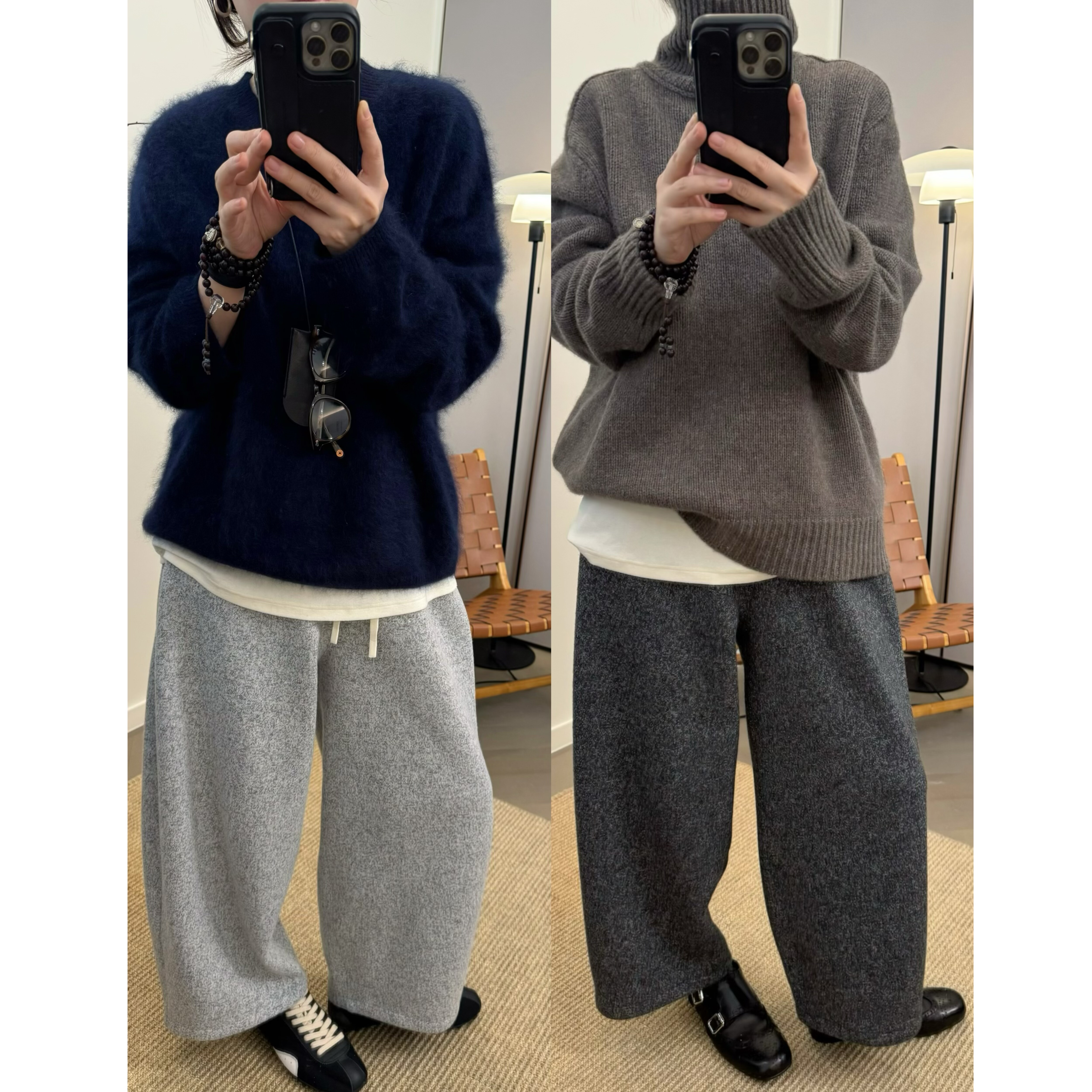 MKDesign 冬季新品百搭好搭配松紧腰加绒加厚休闲9分运动感阔腿裤