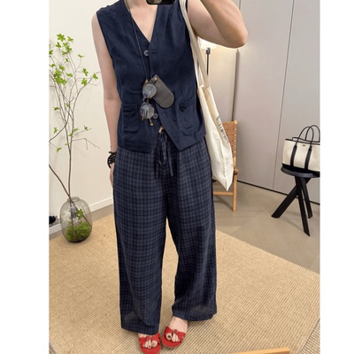 MKDesign 夏季新品 超轻薄100棉透气格纹九分直通休闲裤