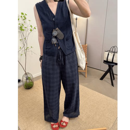 MKDesign 夏季新品 超轻薄100棉透气格纹九分直通休闲裤