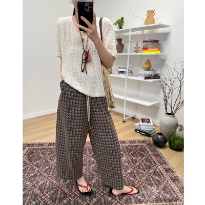 MKDesign 夏季新品 轻薄全棉宽松休闲彩色九分格子裤