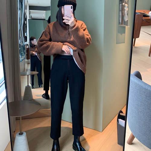 MK Design2020冬季加绒加厚9分小脚开叉百搭显瘦黑色西装裤女