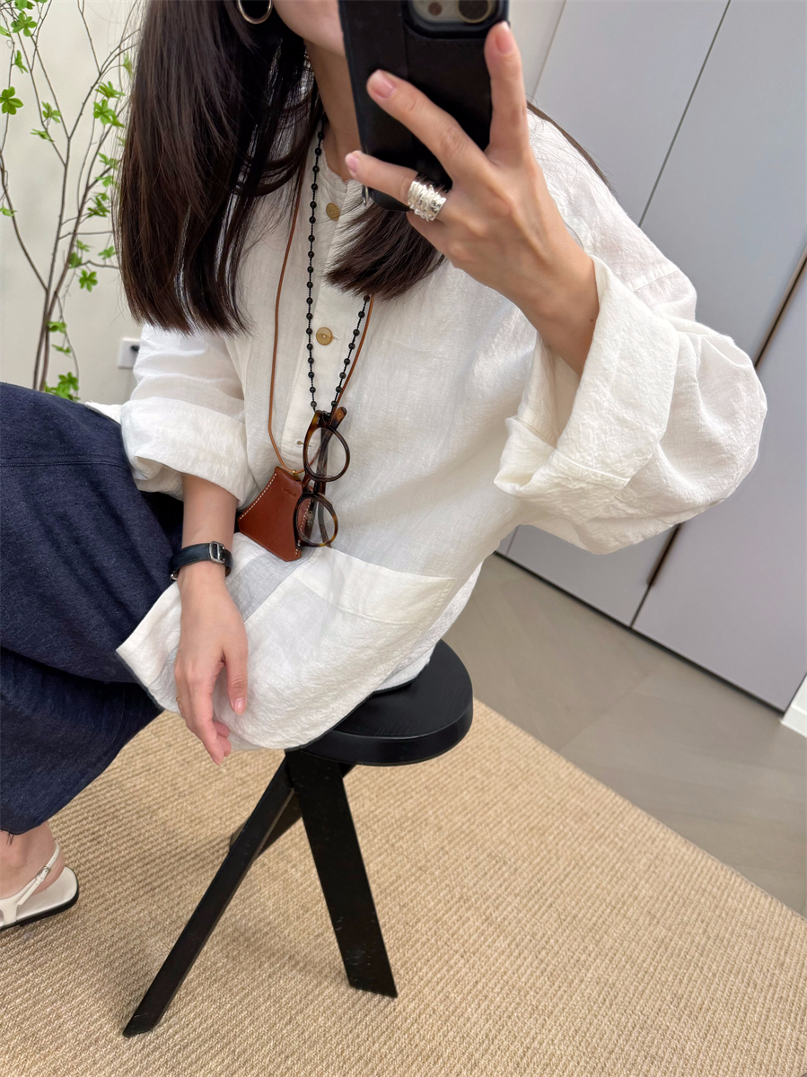 MKDesign休闲纽扣长袖亚麻衬衫