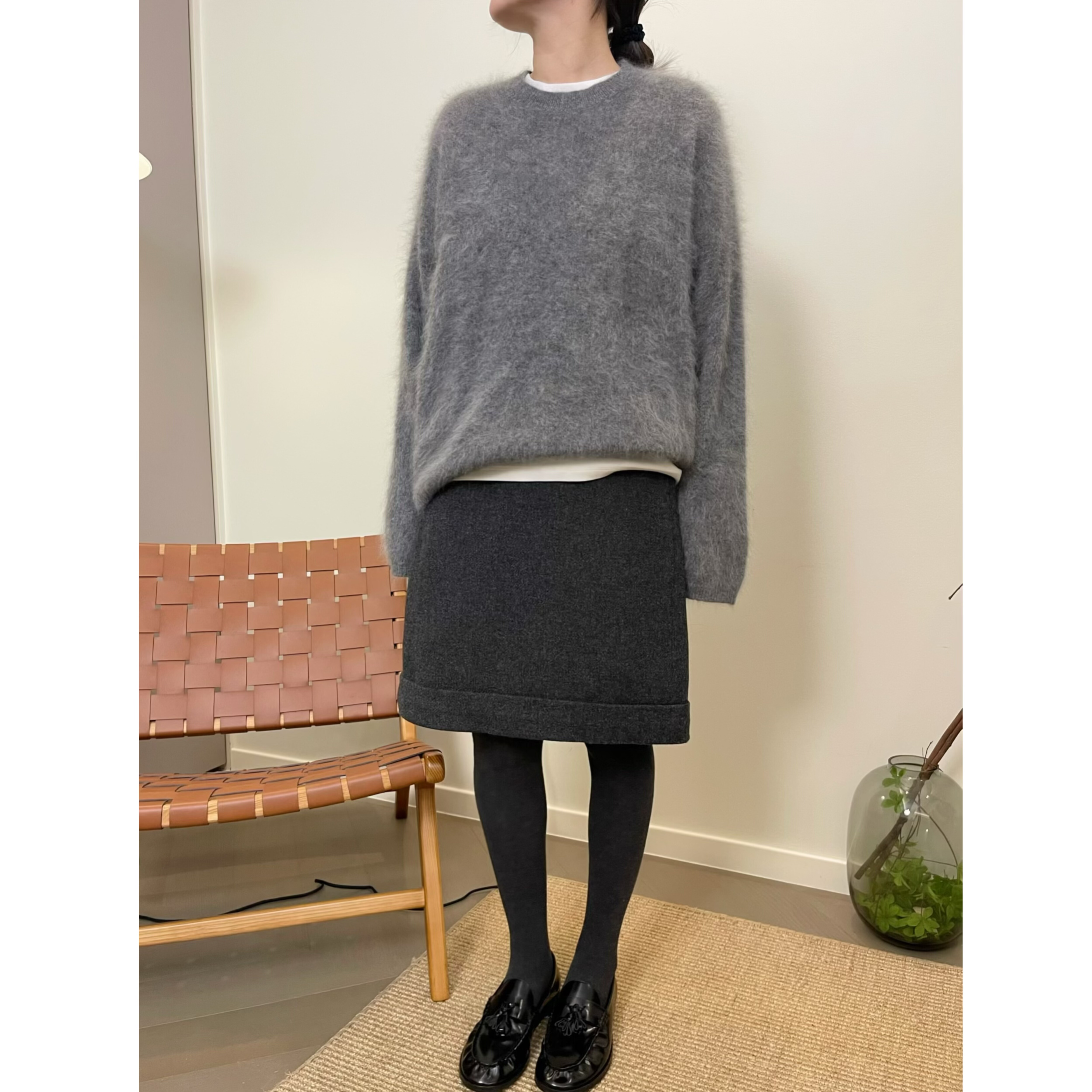 MKDesign 冬季新品 灰色全羊毛显瘦百搭翻边A摆基础款半身裙