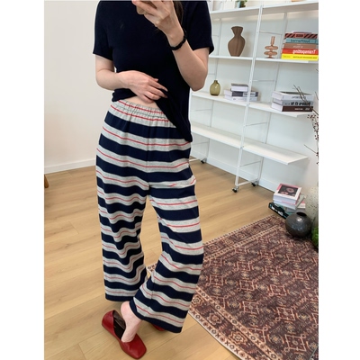 MKDesign 夏季新品 薄款松紧腰休闲条纹微直筒9分条纹运动休闲裤