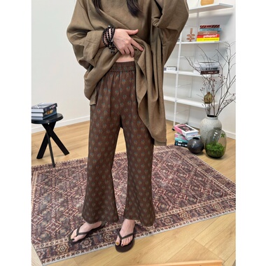 MKDesign夏季新品 天丝亚麻复古轻薄印花微喇叭9分休闲裤