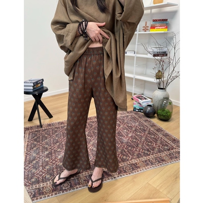 MKDesign夏季新品 天丝亚麻复古轻薄印花微喇叭9分休闲裤
