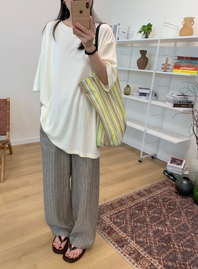 MKDesign 夏季新品 休闲条纹亚麻松紧腰宽松宽松阔腿长裤