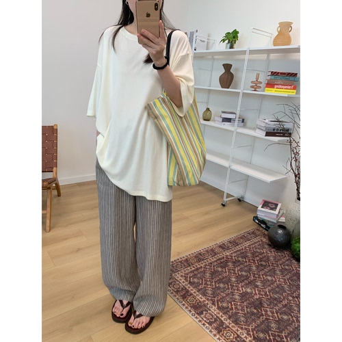 MKDesign 夏季新品 休闲条纹亚麻松紧腰宽松宽松阔腿长裤