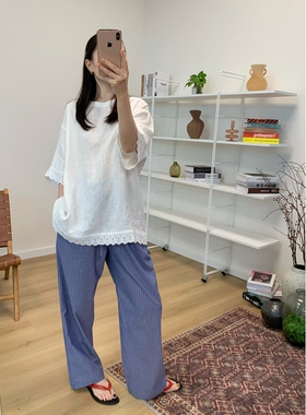 MKDesign 夏季新品 甜美花边纯亚麻百搭套头T恤