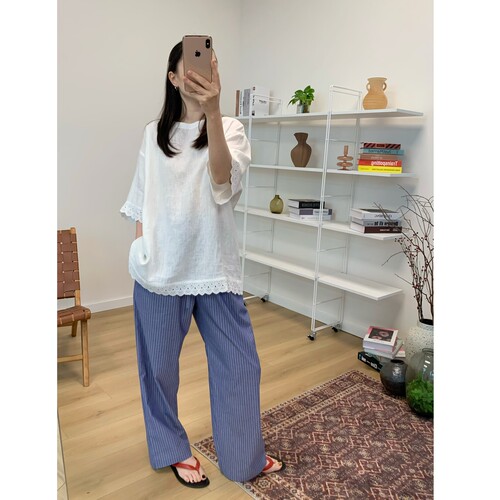 MKDesign 夏季新品 甜美花边纯亚麻百搭套头T恤