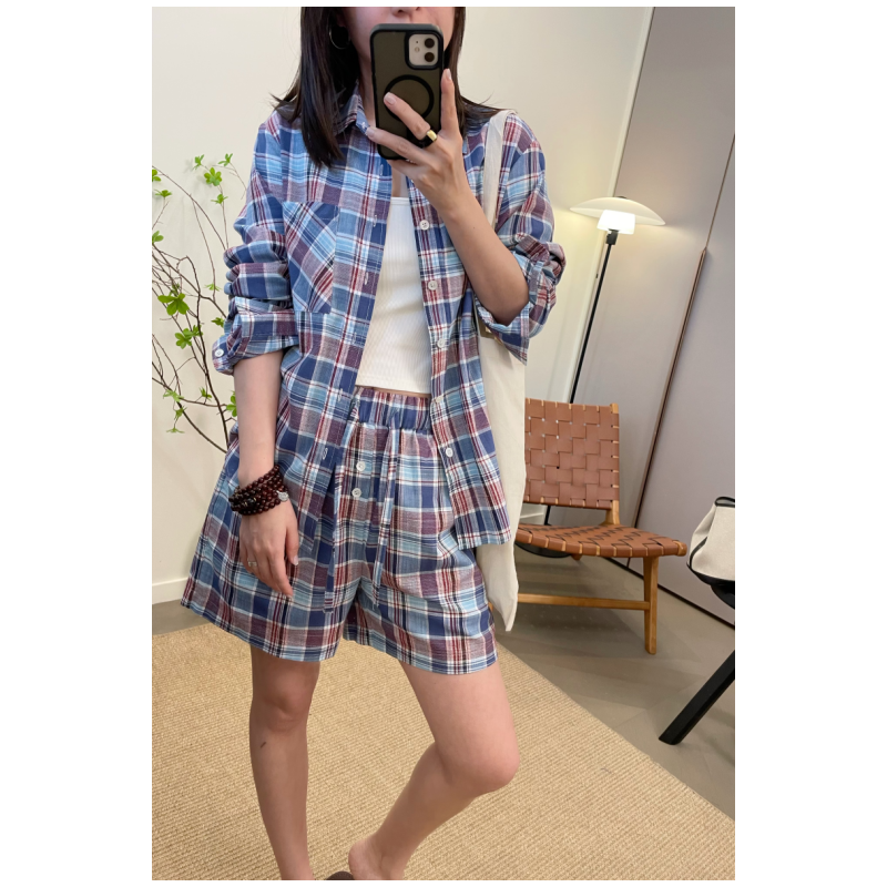 MKDesign 春季新品 推荐美式棉麻格子睡衣风休闲格子衬衫短裤套装