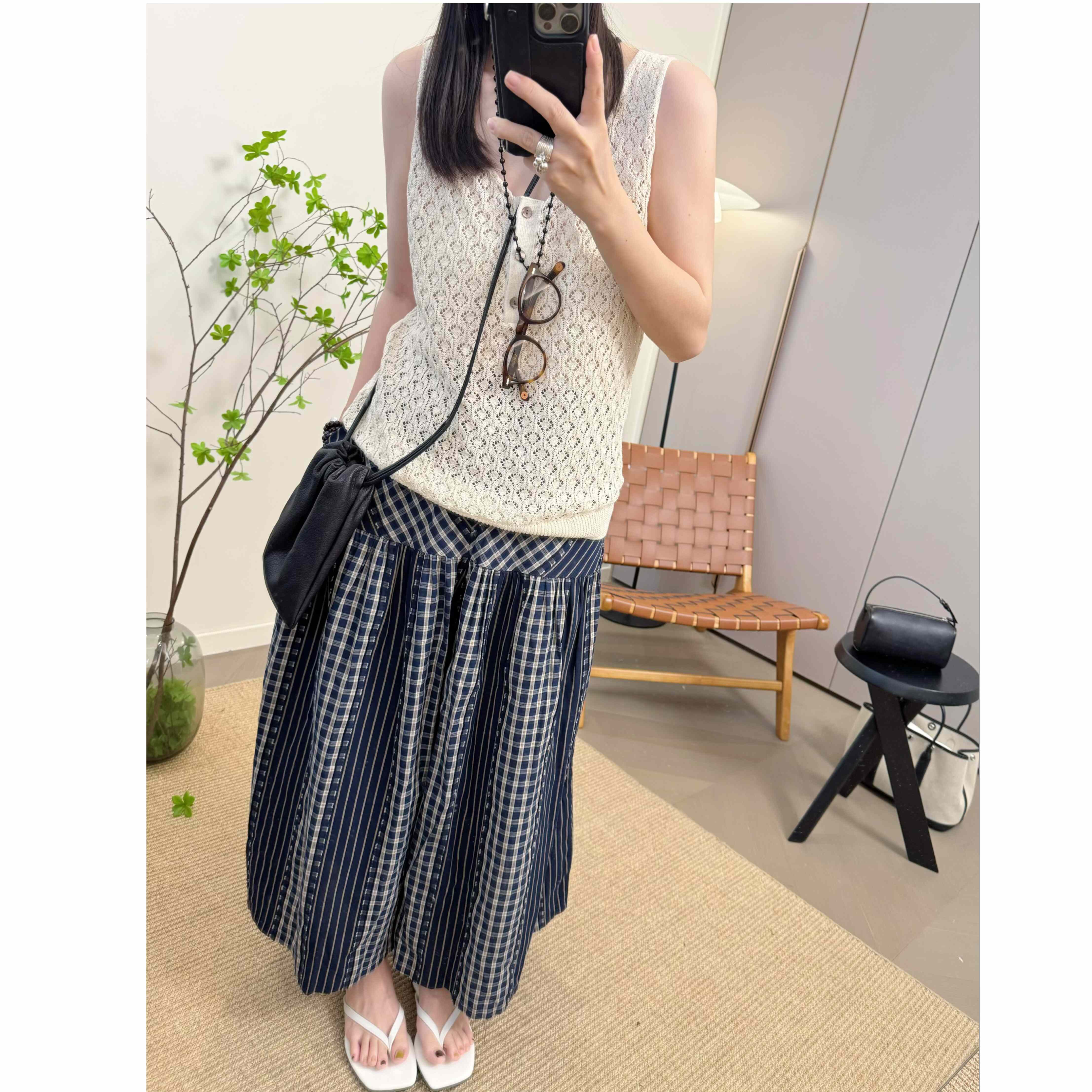MKDesign 夏季新品 日系轻薄款格纹条纹撞色休闲慵懒大阔腿裙裤