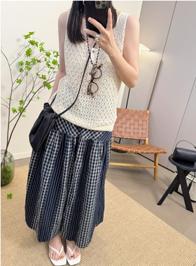 MKDesign 夏季新品 日系轻薄款格纹条纹撞色休闲慵懒大阔腿裙裤