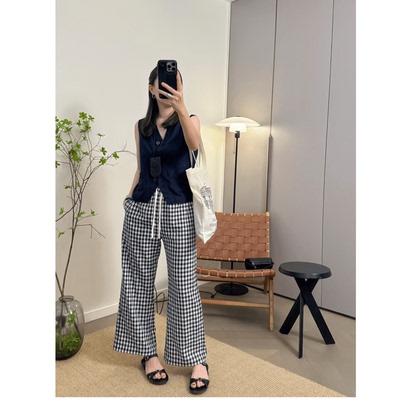 MKDesign 夏季新品全棉轻薄款微喇叭显瘦裤型夏季百搭小格子9分裤