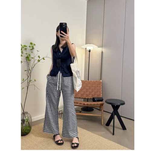 MKDesign 夏季新品全棉轻薄款微喇叭显瘦裤型夏季百搭小格子9分裤