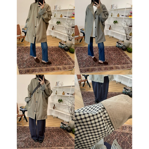 MKDesign秋季新品立领两面穿格纹休闲宽松简约气质中长款风衣外套