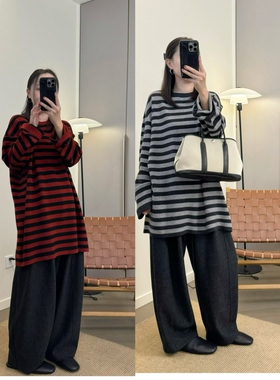 MKDesign 秋季新品 休闲宽松廓形长款时髦条纹针织套头毛衣