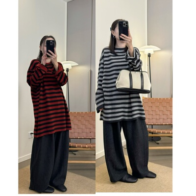 MKDesign 秋季新品 休闲宽松廓形长款时髦条纹针织套头毛衣