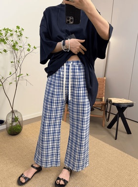 MKDesign 夏季新品经典显瘦裤型微喇叭薄款棉麻蓝色格纹9分喇叭裤