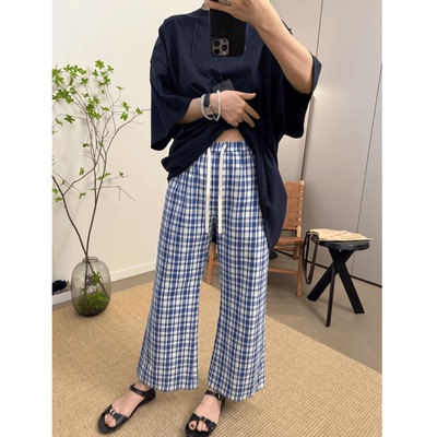 MKDesign 夏季新品经典显瘦裤型微喇叭薄款棉麻蓝色格纹9分喇叭裤
