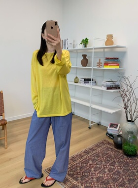 MKDesign 夏季新品 显瘦蓝条纹直筒长裤