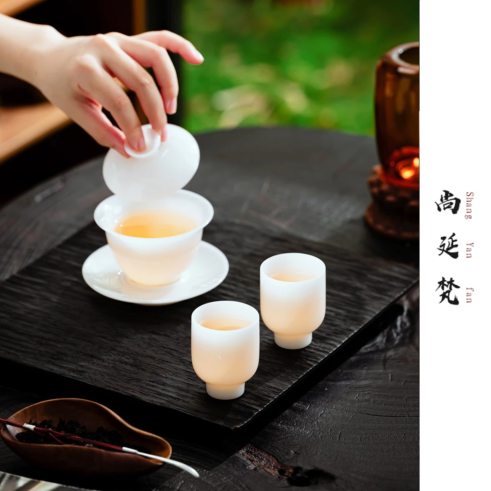 德化白瓷薄胎竹节茶杯中式茶盖碗