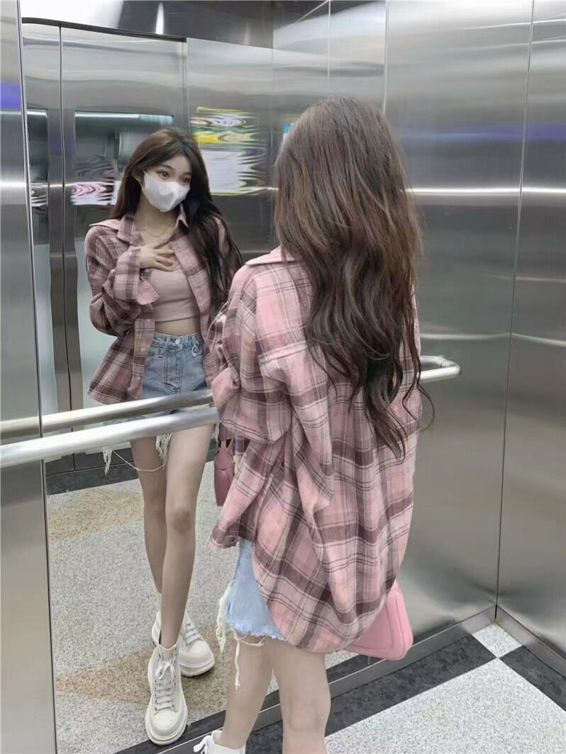 磨毛蓝色格子衬衫女春秋新款设计感小众宽松衬衣甜美慵懒学生上衣