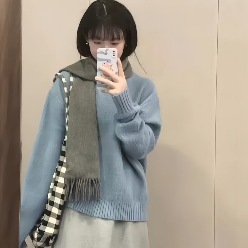 雾霾蓝色圆领针织衫女秋冬慵懒风软糯毛衣韩系套头打底上衣