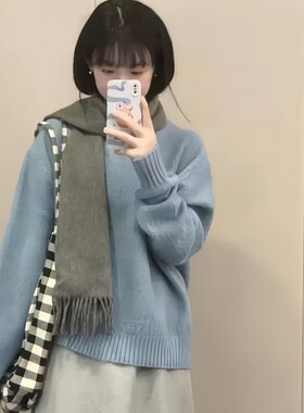 雾霾蓝色圆领针织衫女秋冬慵懒风软糯毛衣韩系套头打底上衣