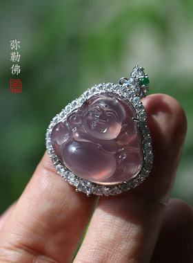 天然大肚坐佛冰种玉髓银镶毛衣链