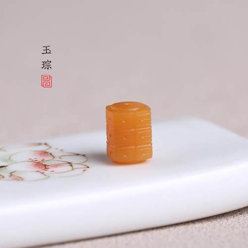 天然和田玉/缅黄 玉琮 通孔背云 文玩 手串 配饰 顶珠