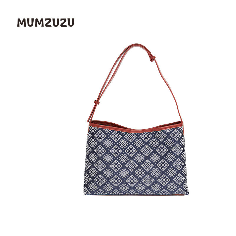木绵远山MUMZUZU素锦牛仔系列深蓝色托特女包