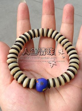 『系石苑原创』宝蓝色 汉唐凤眼老琉璃 牛骨 老紫檀隔片手链 包邮