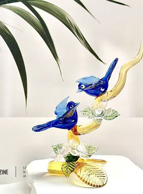 手工琉璃双鸟花卉摆件轻奢家居书房软装艺术品送礼佳品创意工艺品