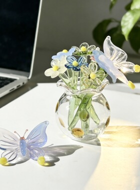 琉璃迷你小插花小花边瓶玻璃小花花小鸟组合DIY桌面摆件装饰礼物