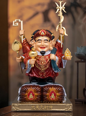 全铜彩绘三面大黑天财神供奉摆件
