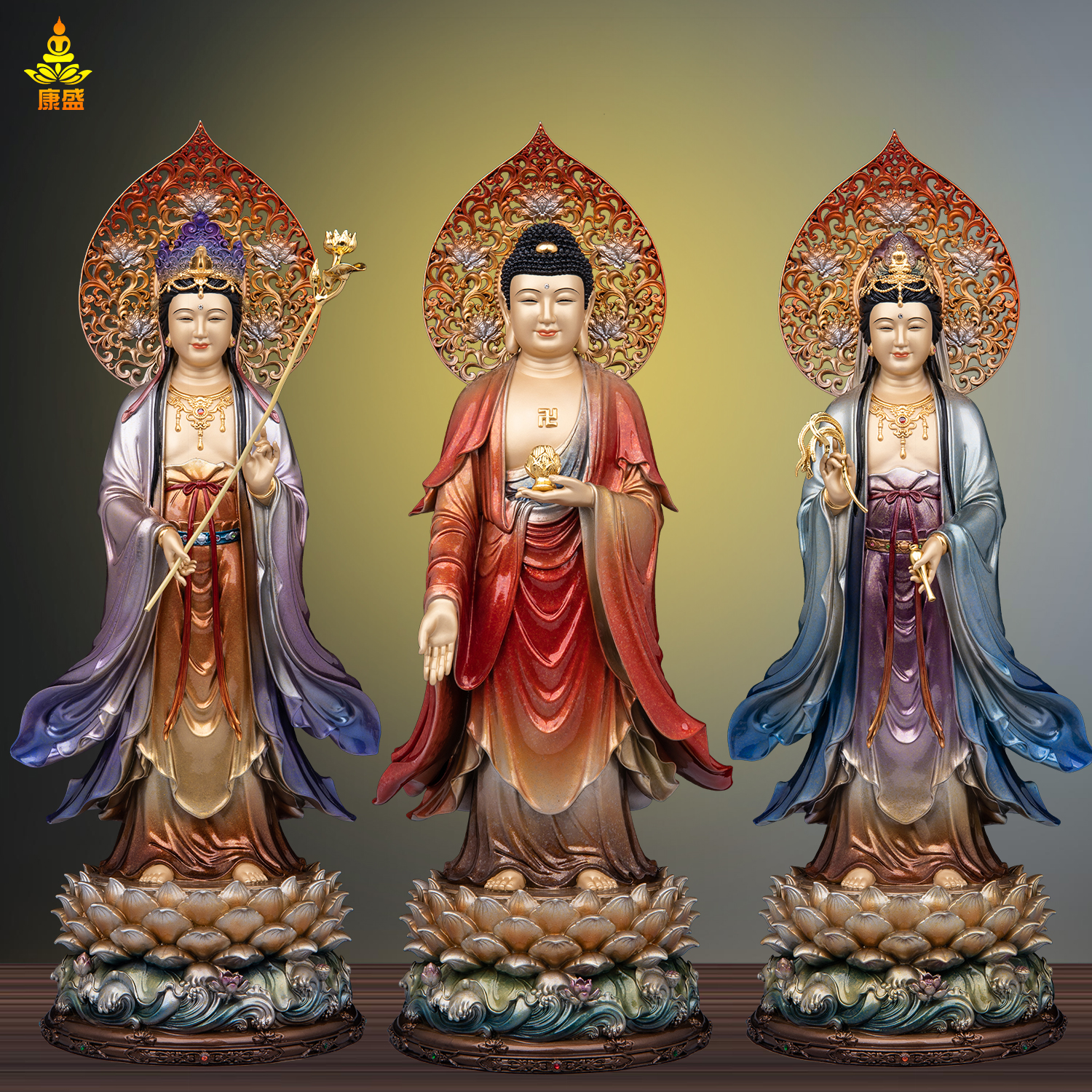 铜雕彩绘站娑婆西方三圣佛像摆件