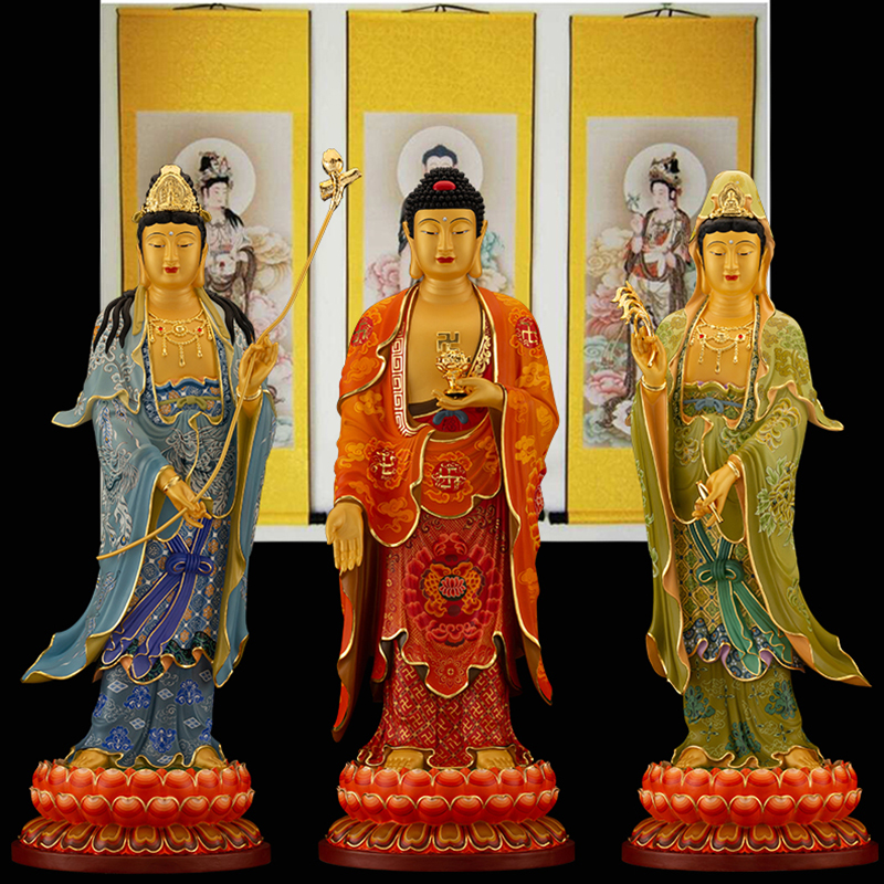台湾工艺纯铜鎏金精工彩绘西方三圣佛像站阿弥陀佛观世音菩萨铜像
