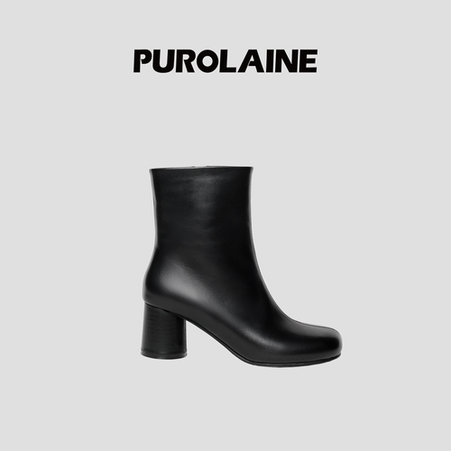 PUROLAINE 朴羚·Rondo 圆头气质利落极简黑色粗跟拉链高跟短靴