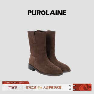 PUROLAINE 朴羚·游弋原创设计粗跟高跟游牧西部牛反绒袜靴短靴