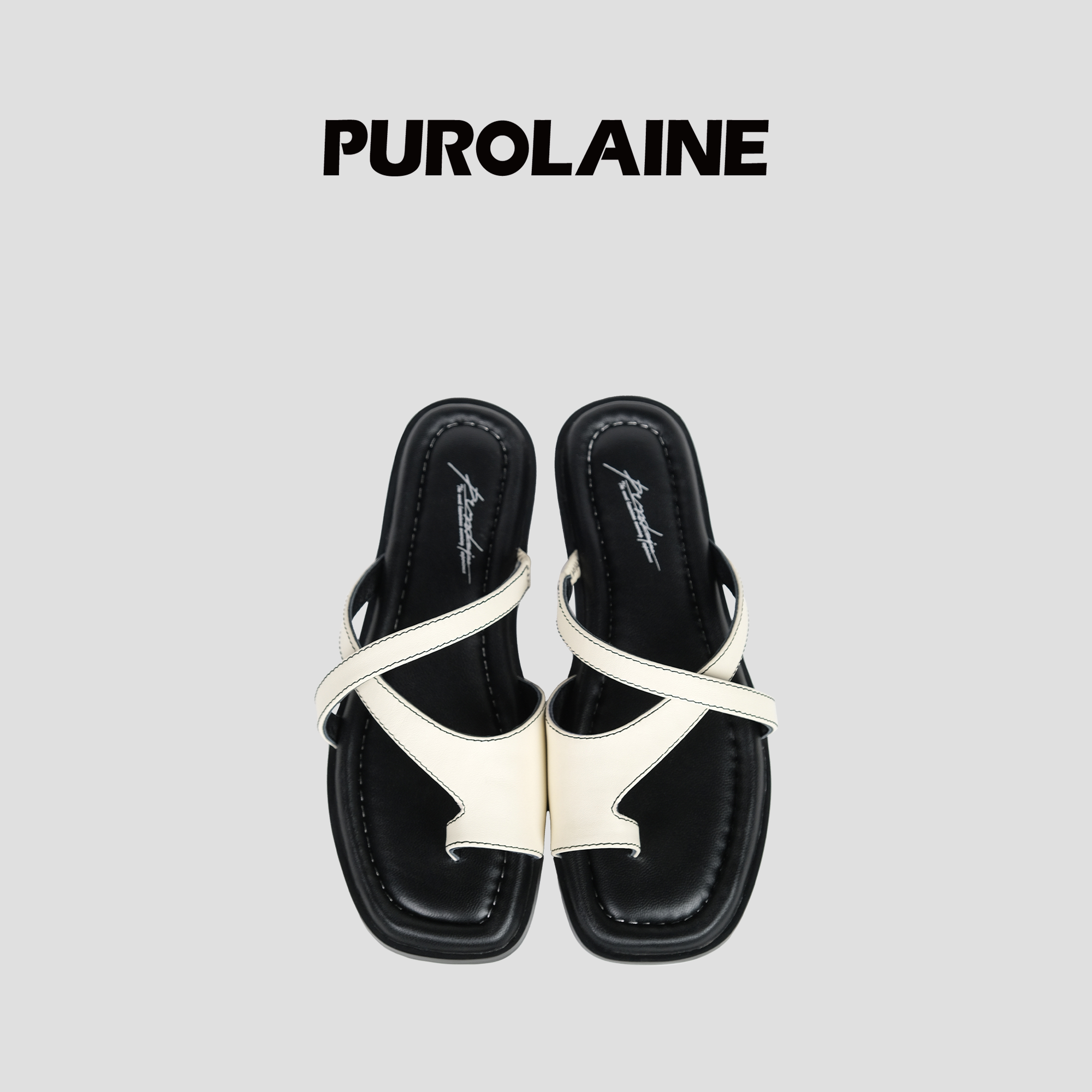 PUROLAINE 朴羚·原创设计 线迹 真皮缝线质感经典百搭几何拖鞋